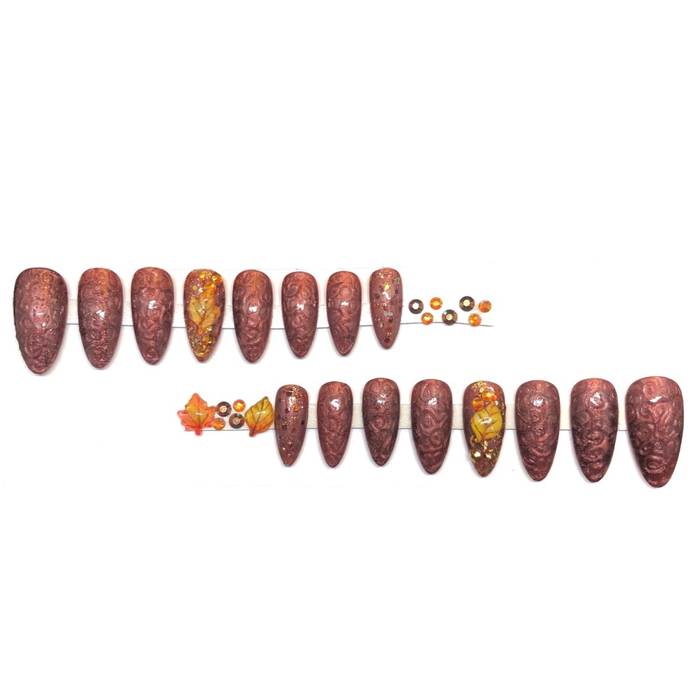 Handmade Custom Press On Nails Medium Almond Brown Pearl Thread False Nails